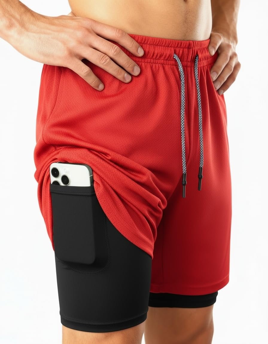 Men's 2 in 1 Workout Running Shorts with Zipper Pockets Lightweight Training Yoga Gym Short Red+Black L