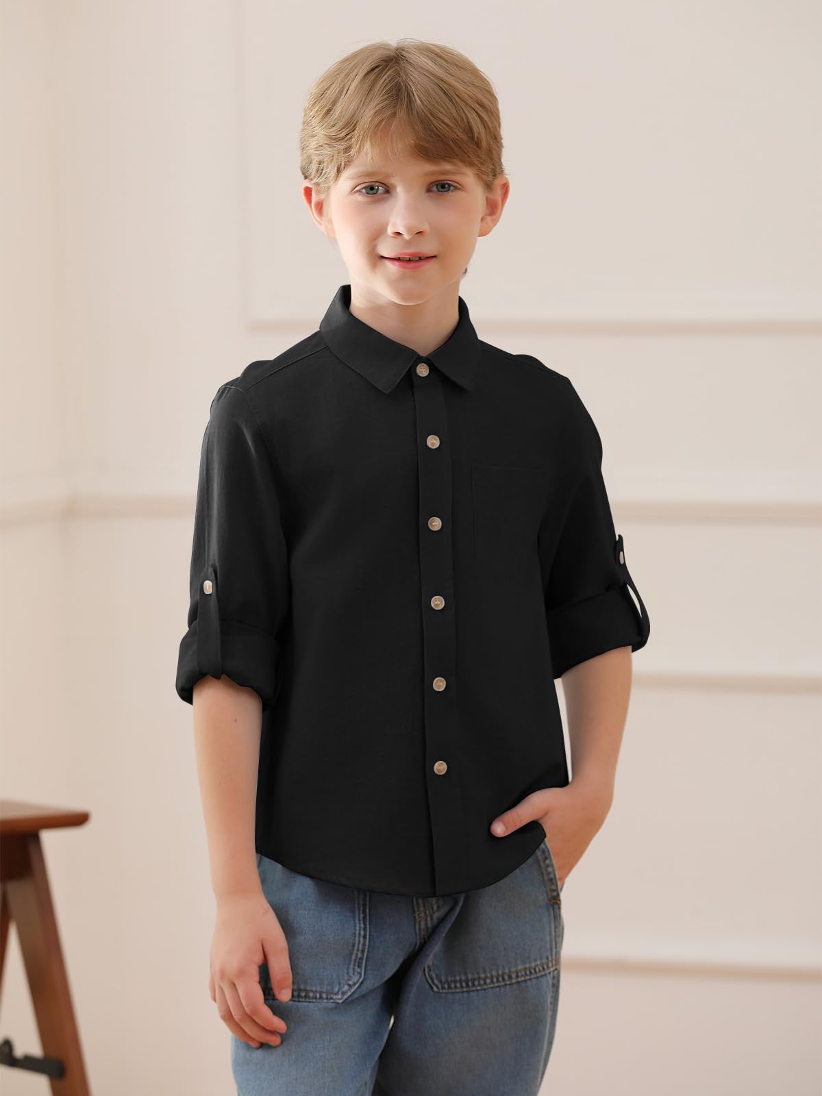 Haloumoning Chemise décontractée à manches longues en coton pour garçon, couleur unie, facile à repasser, col boutonné avec poche de poitrine