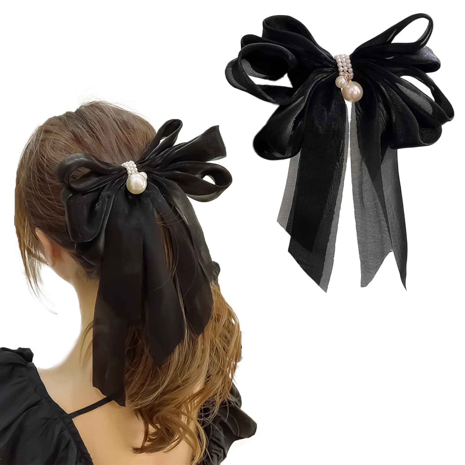 ANNA CREATIONS Stylish Hair Bow Shiny Large French Big Bow with Pearls Hair Barrette Clip Pearls Hair Clip Hair Accessories Silk Bow Hairclip for Women & Girls Pack of 1 Pcs (Black)-image-19