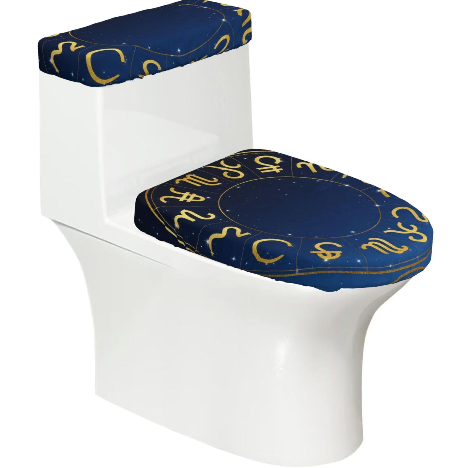 Cntdbu Black Zodiac Symbol Gold Elastic Toilet Cover Set Of 2-Stretchy Lid And Tank Covers For Bathroom, Soft Washable U Shape Toilet Decor
