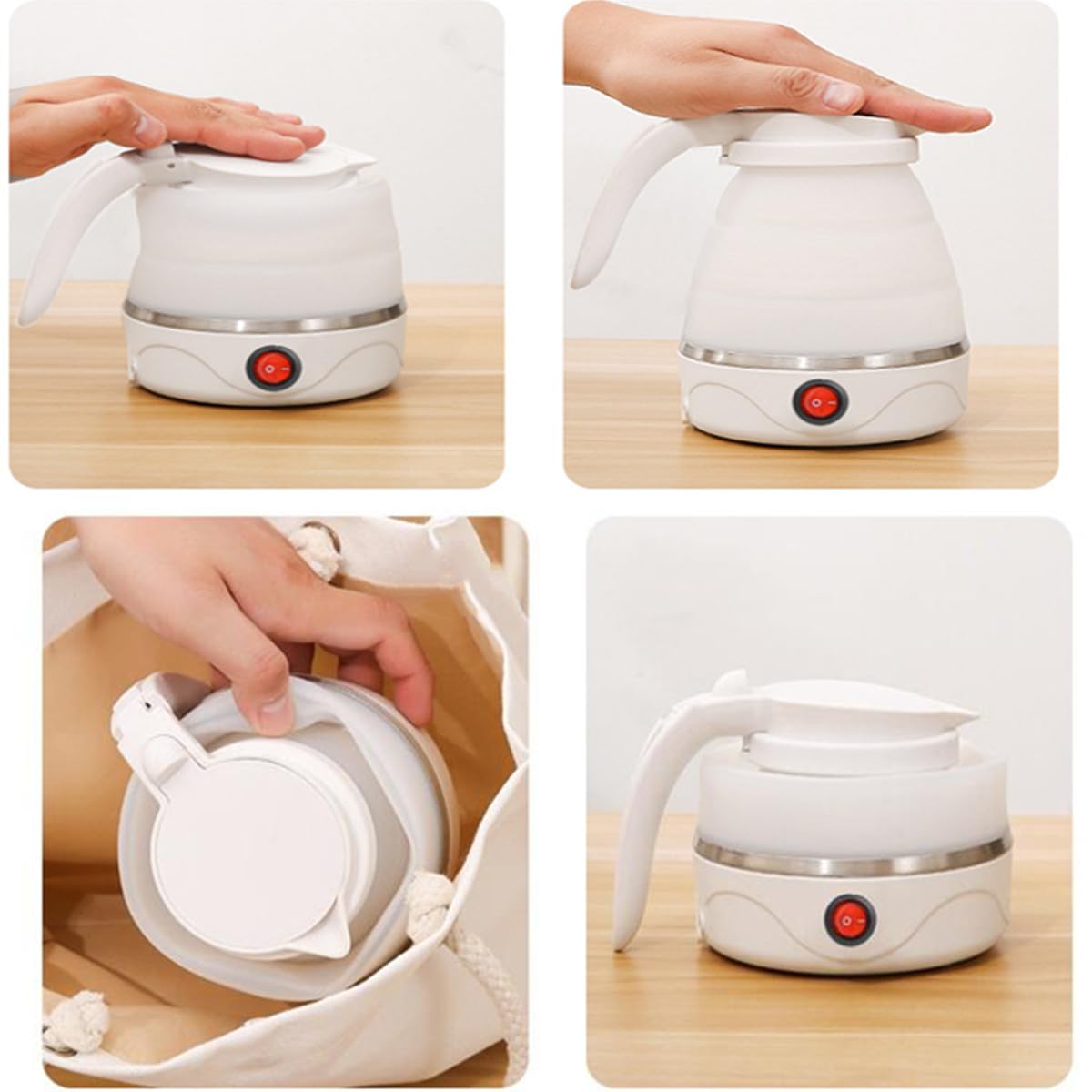 Hervidor eléctrico plegable de viaje, caldera de agua plegable de silicona, tetera portátil para café, olla de hervir agua rápida con cable de alimentación separable 110 V (blanco) 3