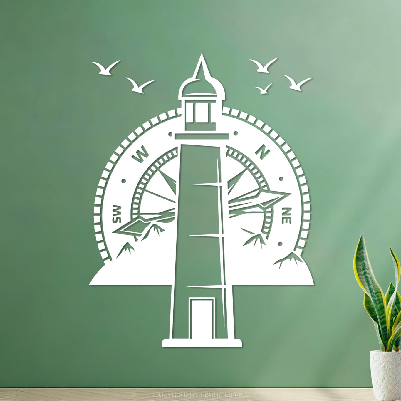 Wall Decals Paster Paper Lighthouse Compass Nautical Beach Style Mountains Birds 68x88.9cm Glass Stickers White