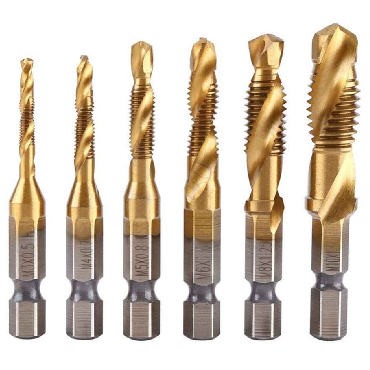 6PCS Thread Tap Drill Bit Set Hand Tap Hex Shank Titanium Coated Hss