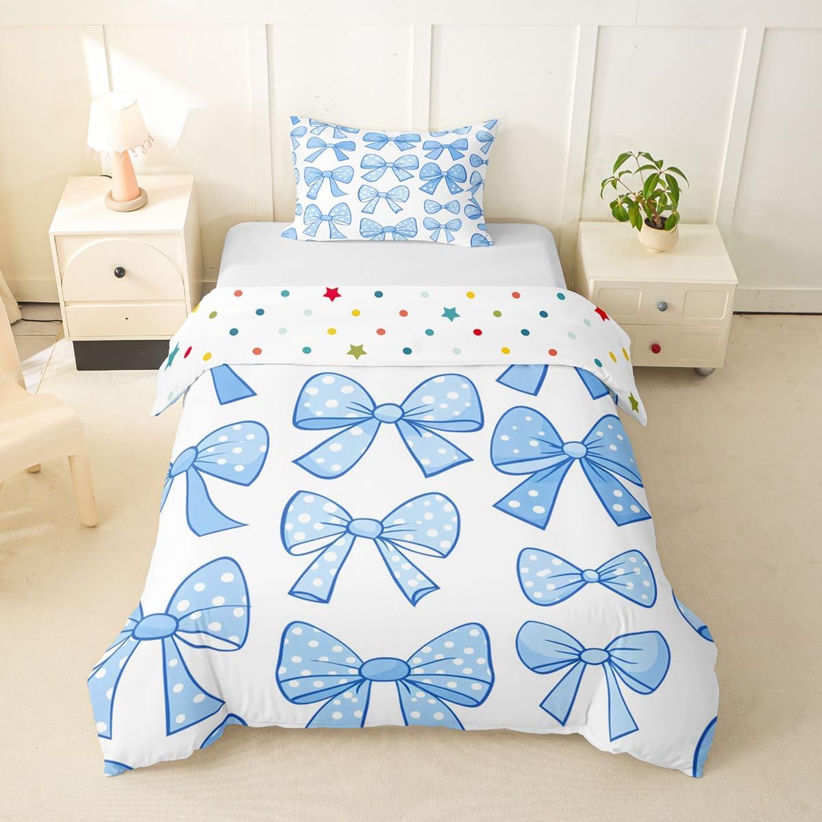 jejeloiu Blue Bowknot Duvet Cover Toddler Size Cartoon Princess Style Bedding Set for Boys Girls Wave Point Bow Comforter Cover Bedroom Decor 2Pcs