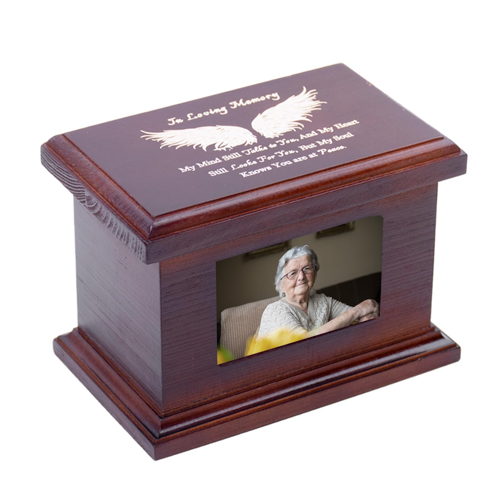 5.5 Inch Small Wooden Memorial Urn with Photo Frame, Keepsake Urn Box for Human/Pet Ashes - Wing