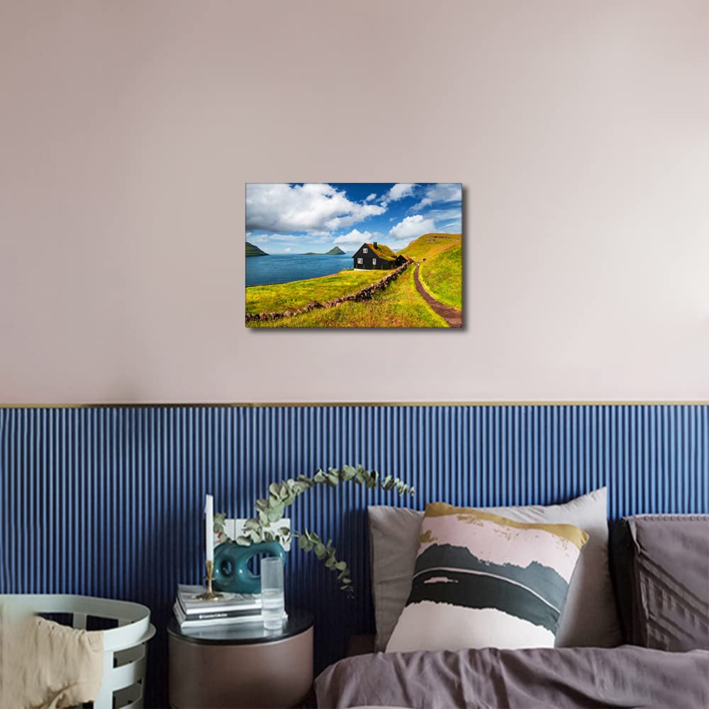 Framed Wall Art Canvas Living Room Decor Streymoy Island Faroe Denmark Velbastadur Village Typical Grass Roof House Bedroom Bathroom Wall Décor Scenery Decor 8x12inch - Image 4