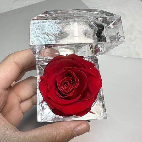 Miniatura 4 de Caja de anillo de acrílico transparente con diseño de rosa preservada real, caja de anillo de compromiso de flores, caja de regalo de joyería