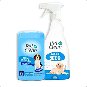Kit Banho a Seco Pet Clean Sem Enxágue + Lenços Umedecidos para Cães e Gatos Machos Sem Álcool Neutraliza Odores Higieniza Partes Delicadas