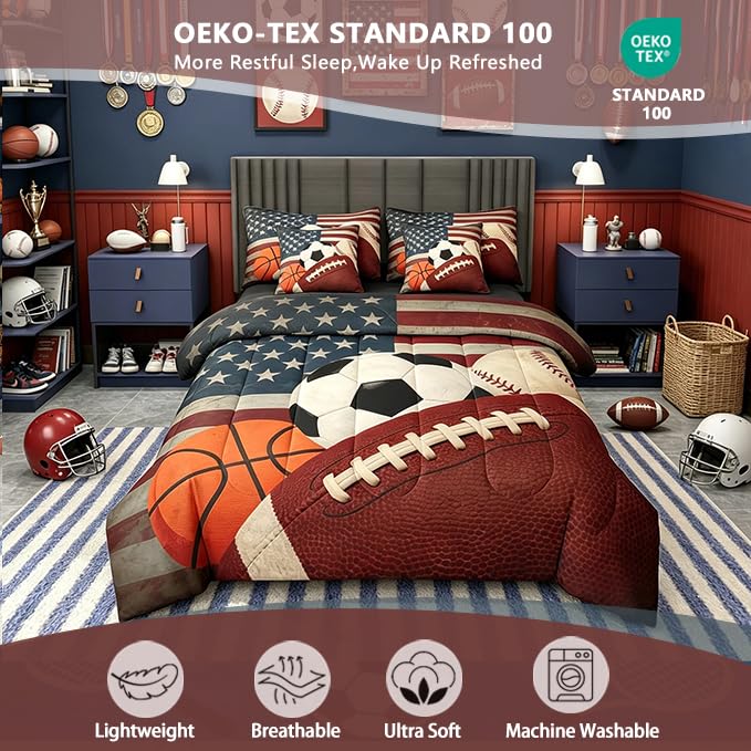 Image of Feelyou Boys Sports Comforter Set with Sheets 7 Piece Queen Size Football Baseball Soocer Basketball Bed in a Bag Kids Boys Girls American Flag Bedding Set Bedroom Decor Breathable Soft Microfiber