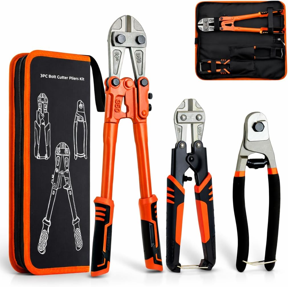 3-Piece Bolt Cutter Pliers Set, 14"Bolt Cutters Heavy Duty, 8"Mini Bolt Cutters and 8"Wire Cutters Heavy Duty, Cable Cutters with Storage Bag, CR-V Steel Blade for Cutting Chains,Iron Wire,Locks,Cable