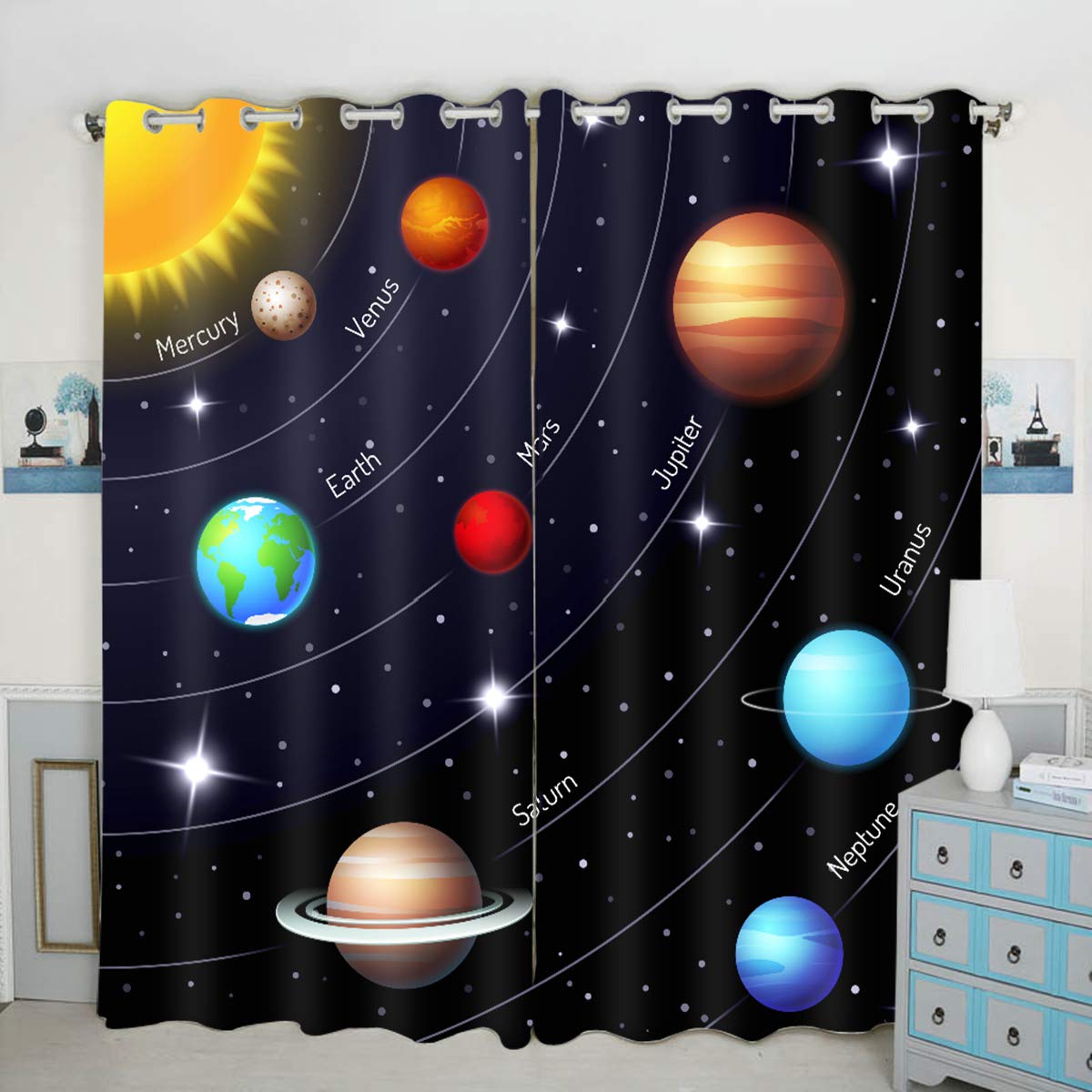 QH Solar System Theme Window Curtain Panels Blackout Curtain Panels Thermal Insulated & Light Blocking 42W x 84L inch (Set of 2 Panels)