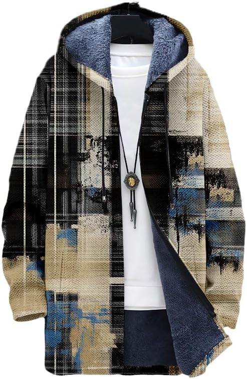 DMOYALA Zip Up Plaid Hoodie for Men Oversized Winter Coat Sherpa Lined Fleece Jacket Soft Warm Long Cardigan with Hood