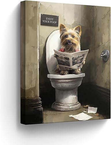 Farmhouse Yorkshire Terrier - Arte de pared de perro sentado en el inodoro, cuadro divertido de perros para baño, decoración de pared, pintura para