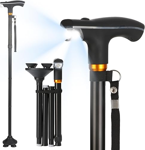 Bastón para caminar con luz LED, plegable, ajustable, plegable, bastón de pie independiente, base cuádruple giratoria, bastones plegables para