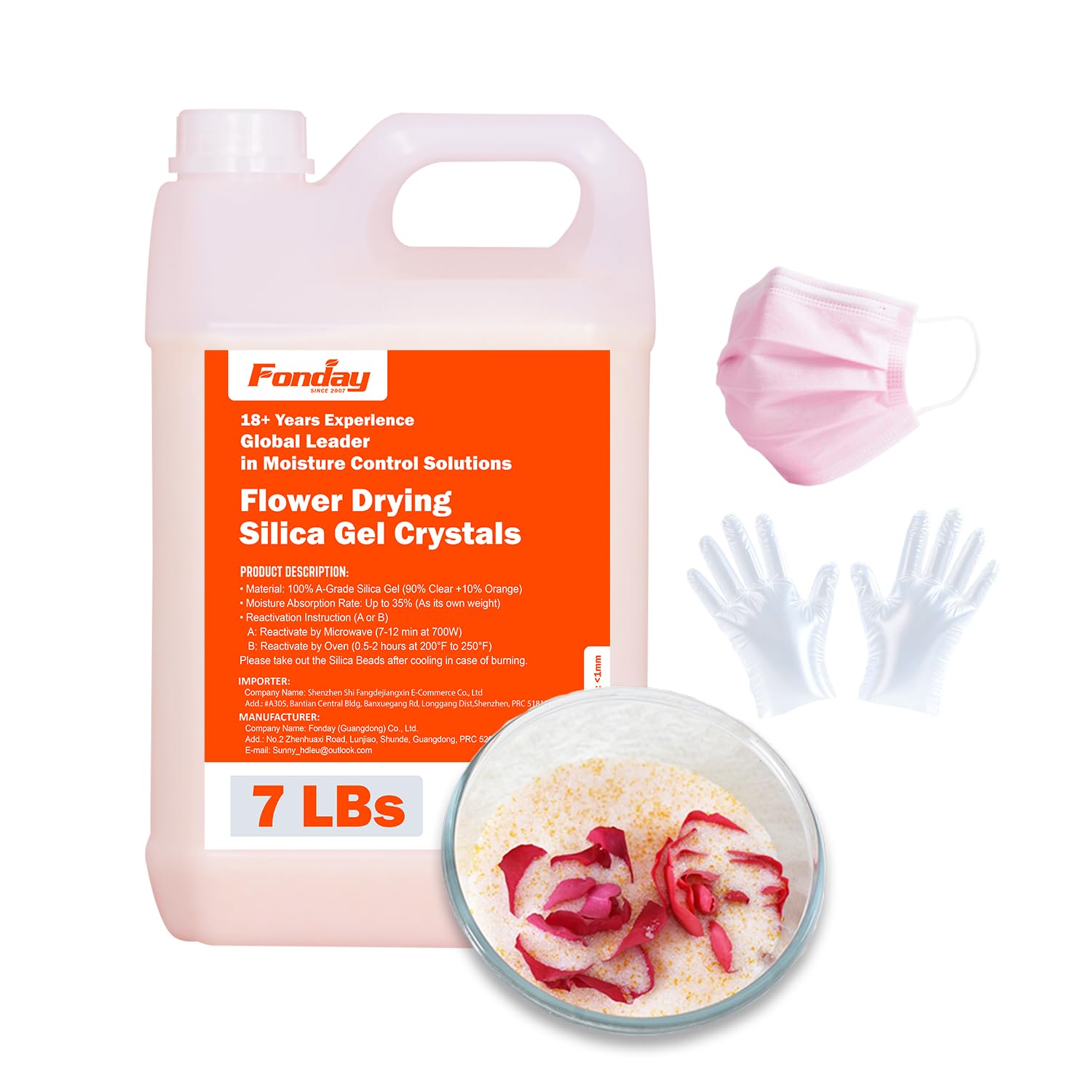 Fonday Silica Gel Flower Drying Crystals for Wedding Bouquet Preservation Color Indicating Reusable Bead Size Less Than 1mm (7LBs 3-in-1, with Gloves and Mask)