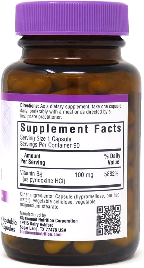 BlueBonnet Nutrition Vitamin B6 Vegetable Capsules, 100 mg, for Cardiovascular and Nervous System Health, 90 Count : Health & Household