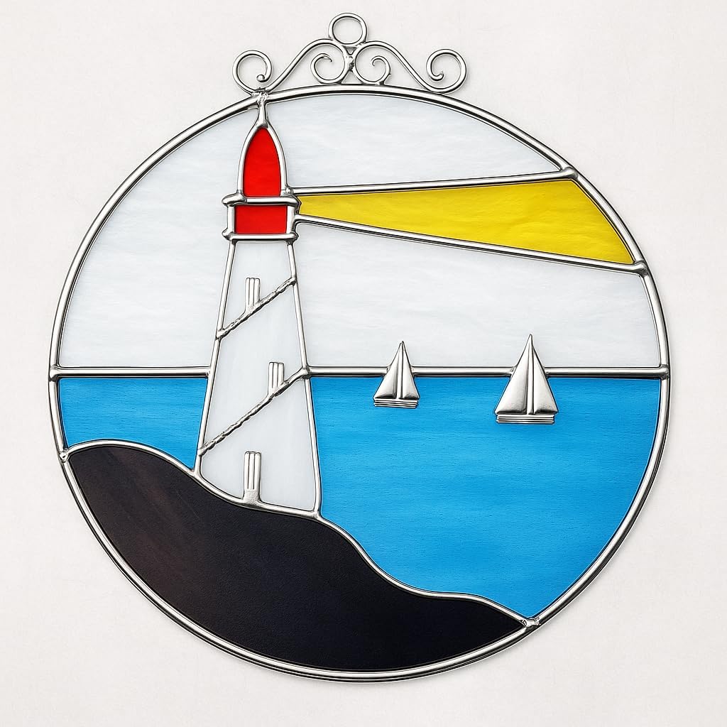 Lighthouse Stained Glass Panel – Real Stained Glass with Silver Finish – Nautical Window Hanging Suncatcher – 8.5 Inch Round Coastal Home Décor from Juhlin Glass Studio