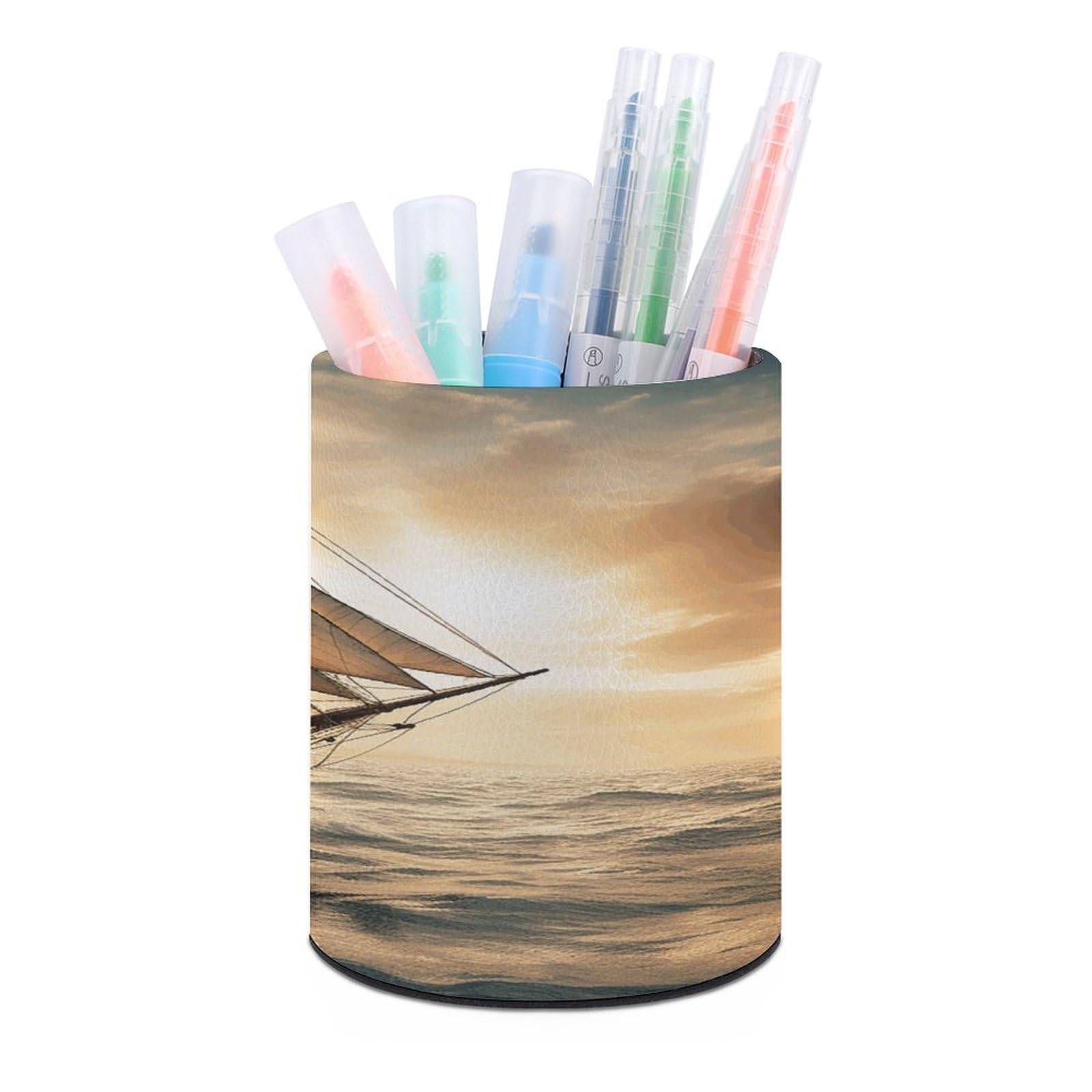 VstaDank Ship Sailing Alone Pen Holder PU Leather Pencil Cup Minimalist Desk Pencil Holder Round Make Up Brush Organizers For Office Dorm Room&Vanity Desk Accessories