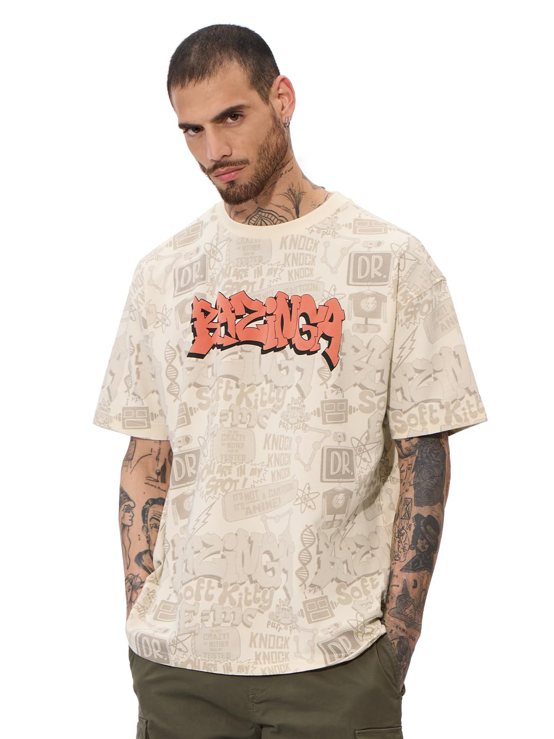 The Big Bang Theory: Bazinga Men and Boys Short Sleeves Round Neck Beige Printed Cotton Oversized T-Shirts-image-1