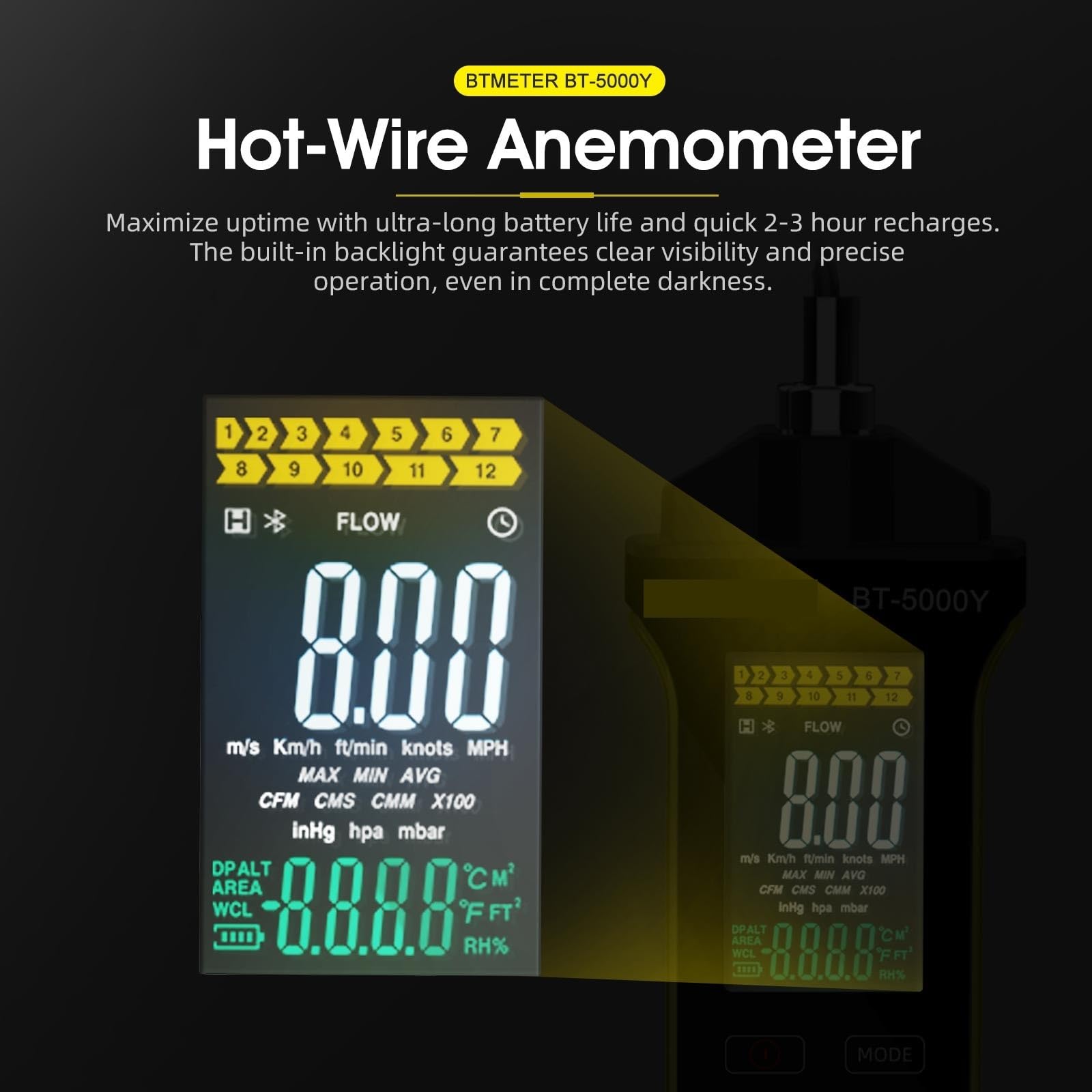 Anemómetro de alambre - Medidor de flujo de aire digital CFM/CMM, medidor de velocidad del viento medida 0,2~67 Mph, anemómetro térmico con giro de 360°