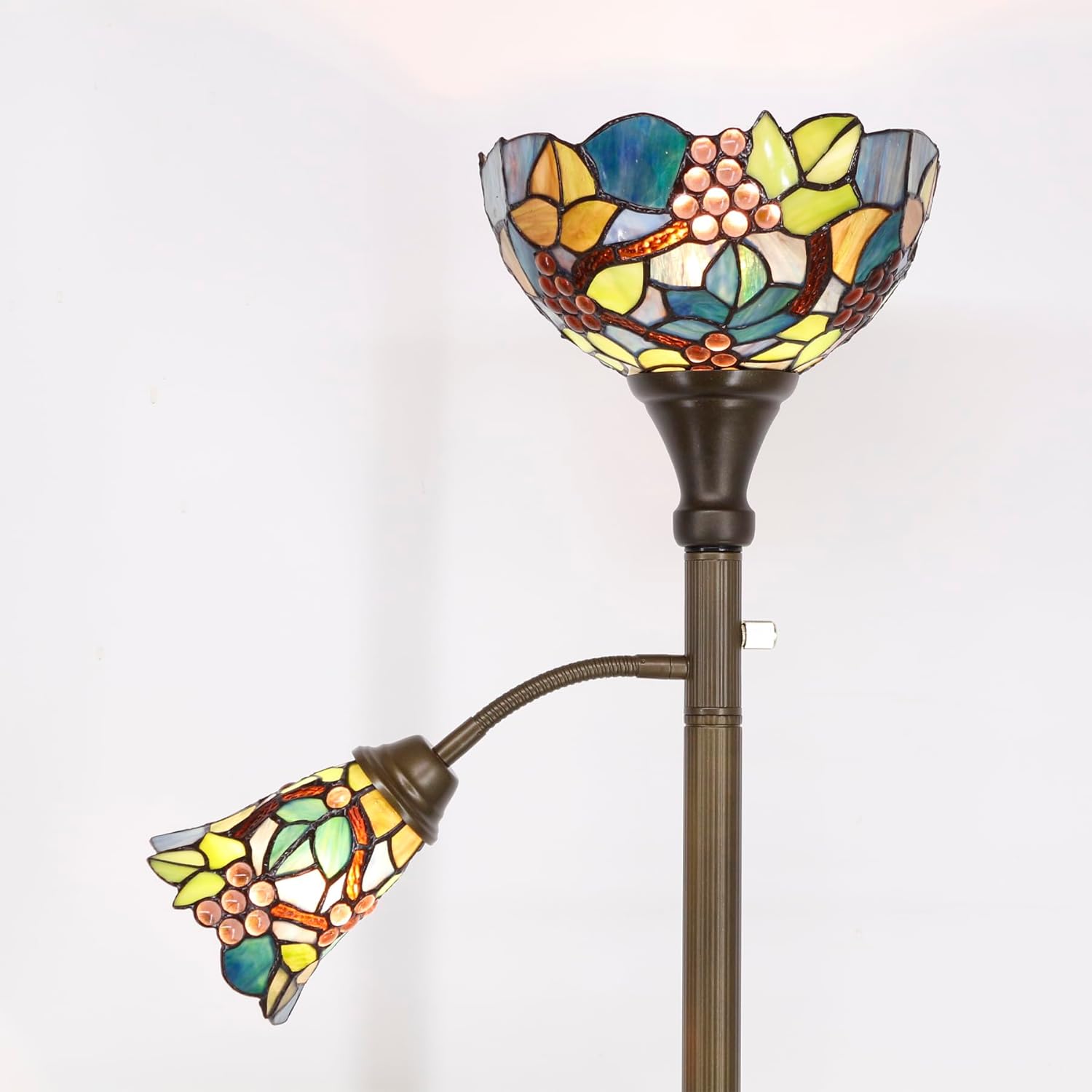 Tiffany Floor Lamp Torchiere with Side Nightlight Purple Grape Stained Glass Reading Light 10X10X71 Inches Pole Standing Corner Torch Uplight Decor Bedroom Living Room Home