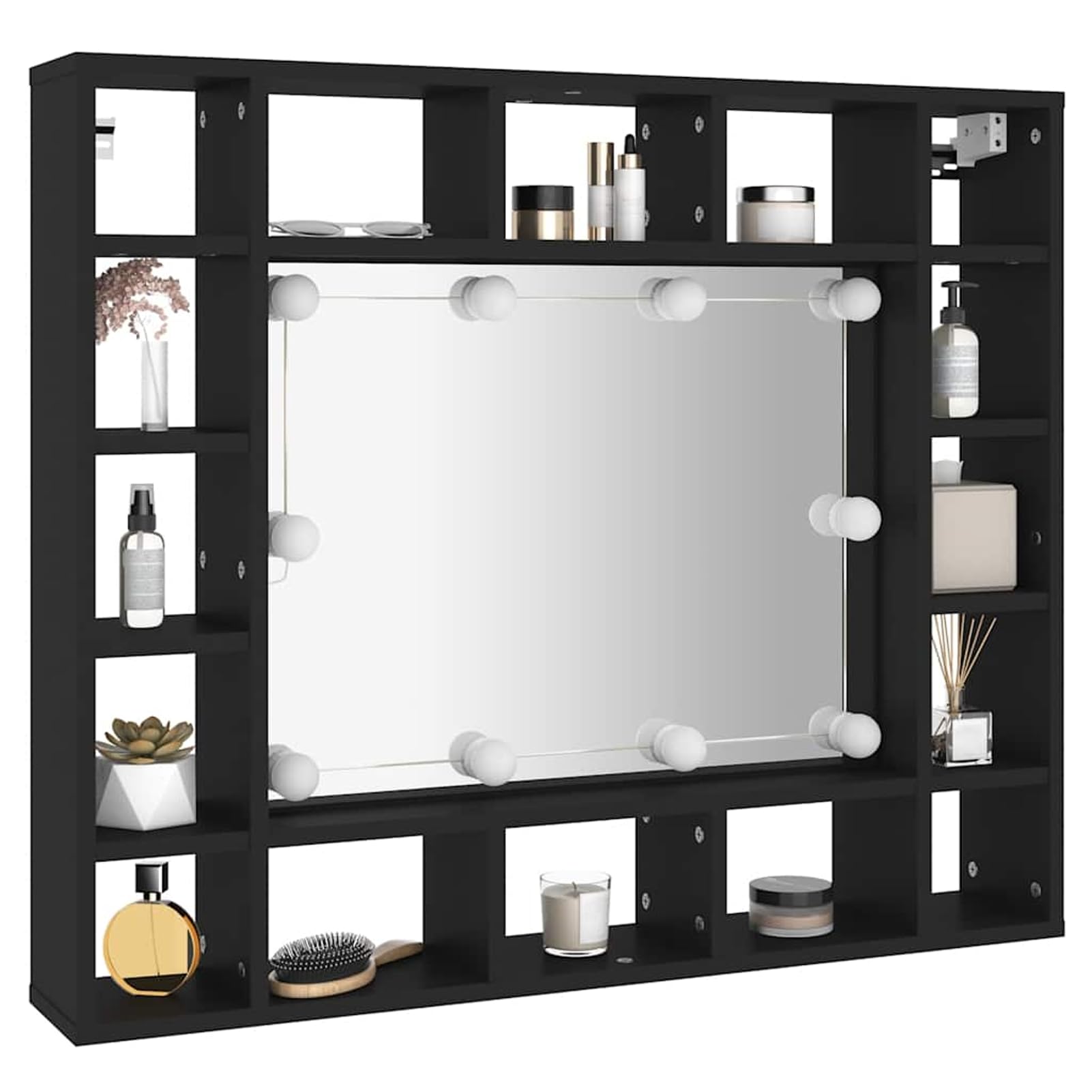 Armoire miroir LED avec éclairage à intensité variable, en bois/acrylique, noir, 91 x 15 x 76,5 cm, pour organisation cosmétique
