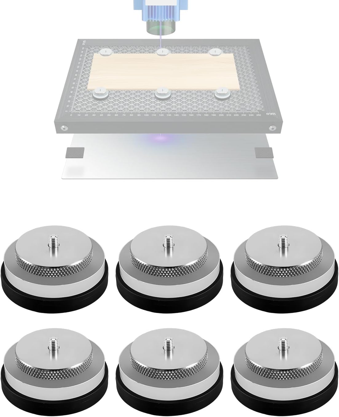 Magnetic Anti-Flashback Risers for Laser Cutters, 1/2in Precision Lift Material Hold Down with 43mm Heavy-Duty Magnet, Clear Acrylic Spacer & Metal Knurled Nut for Honeycomb Bed, 6 pack