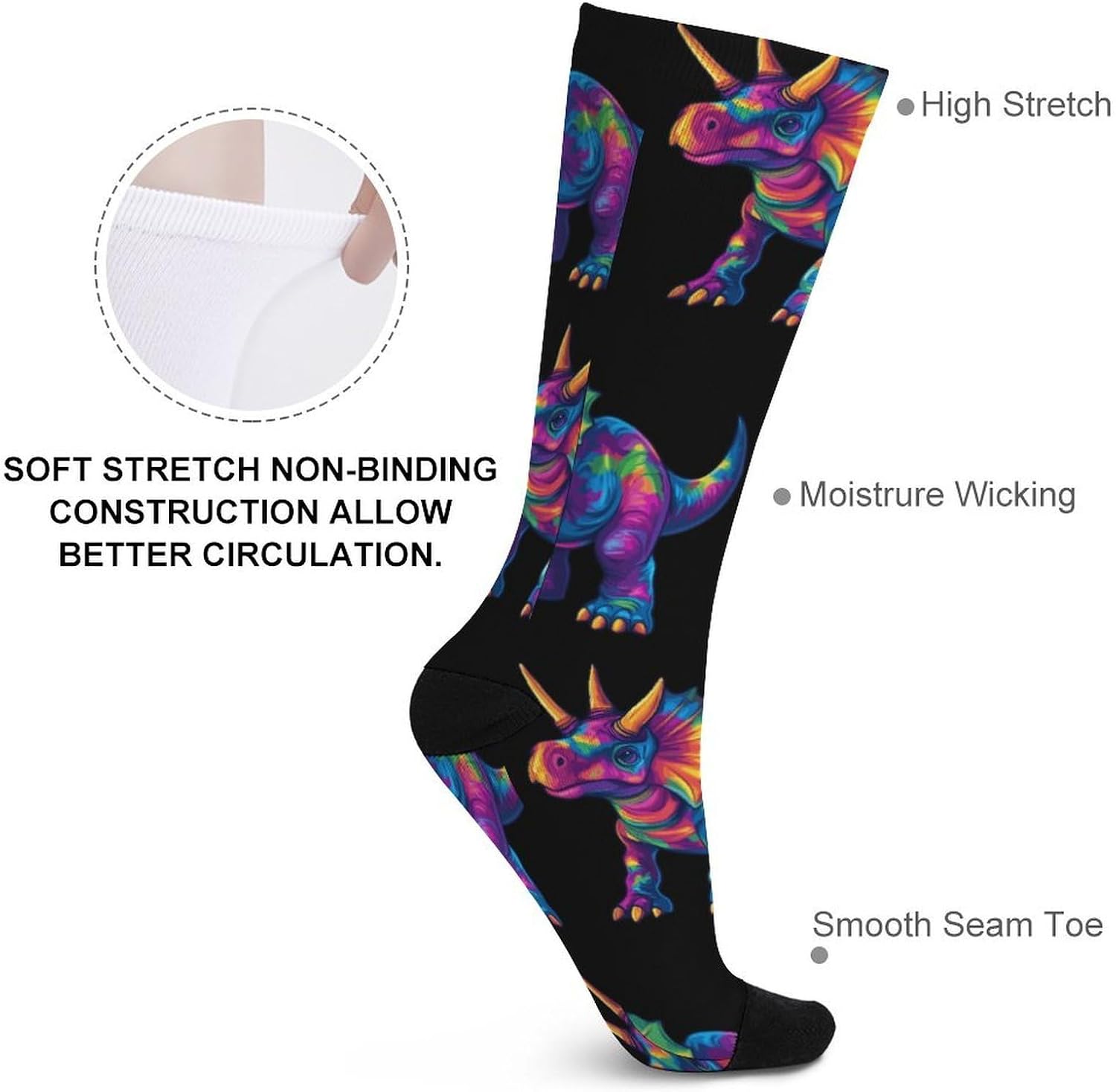 Tie Dye Triceratops Dinosaur Knee High Socks Athletic Long Stockings Sport Casual Crew Tube Sock Boot 40cm