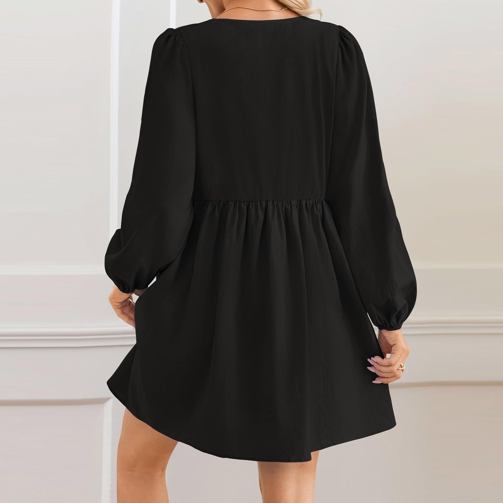 Robe Mini péplum à Manches Longues Bouffantes et nœud Papillon sur Le Devant pour Femme, Robes d'automne,Robe Courte à Volants en Ligne A, Robe Tunique Fluide Mignonne (Black,L)
