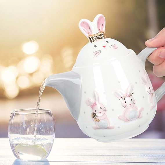 Gatuida Ceramic Bunny Teapot 680ml Embossed Easter Rabbit Design Easy to Store Safe and Practical for Home Use