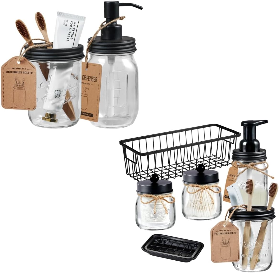 SheeChung 6 Pack Mason Jar Bathroom Accessories Set, Foaming Soap Dispenser, Qtip Holder & Soap Dispenser Toobtush Holder Set, Bathroom Organizer and Storage-Black