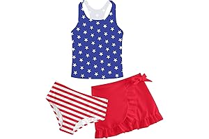 Girls American Flag Bathing Suit Three-Piece Tankini Set with Cover-Up and Skirt