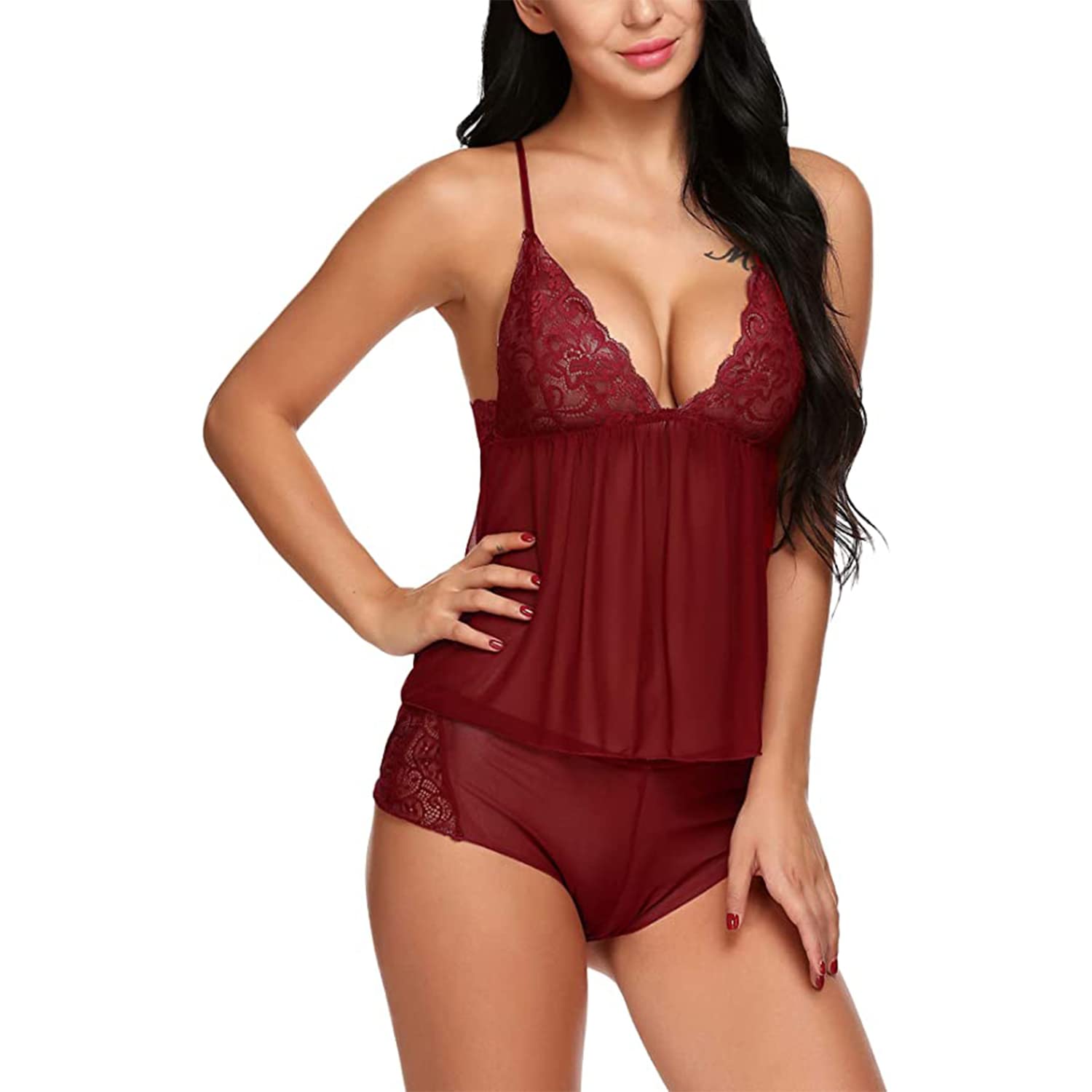 Women’s Chemish Mesh Babydoll Shoulder Strap V-Neck Lingerie Set Solid Design with Above Knee Shorts Net Sleepwear & Sheer Floral Mini Nightwear-image-25