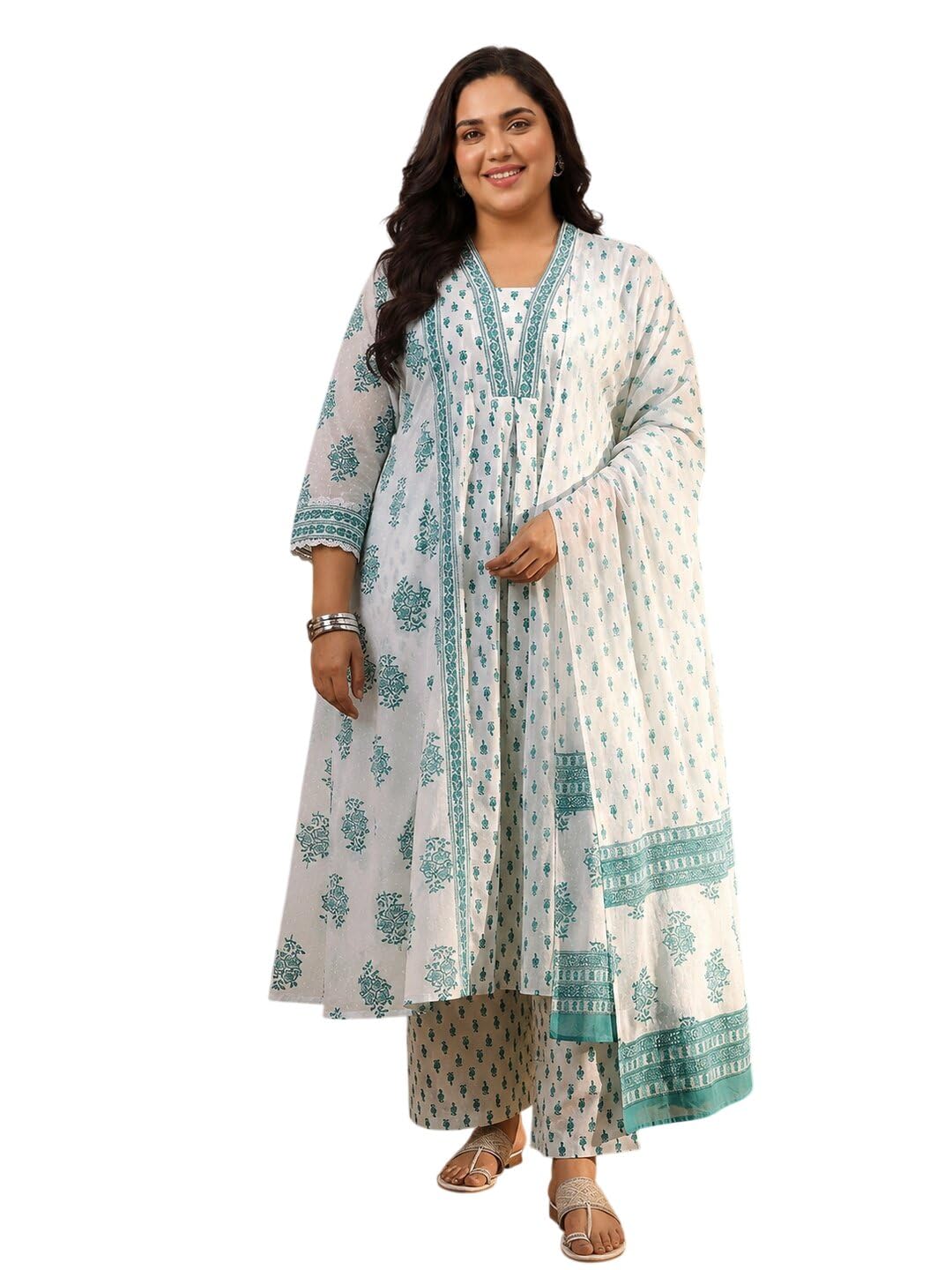 extra love by libas Plus Size Printed Cotton A-Line Kurta With Trousers and Dupatta-picture-4