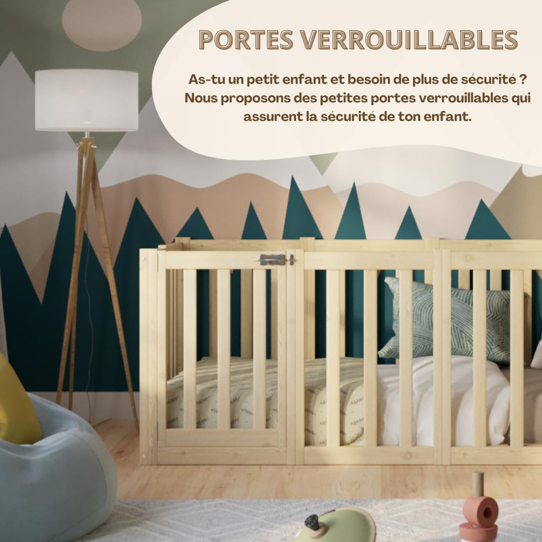 Lit Enfant Montessori Crazy Pine 190x140 Cm - Barrière Haute 73cm Amovible - Bois Blanc Sécurisé