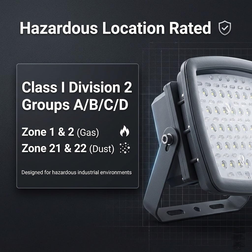 100W Explosion-Proof LED Flood Light, Class I Div 2 Hazardous Location Light, UL Listed, 100-277V, 5000K, IP66/IK09 Industrial Lighting for Gas Stations, Petroleum Refineries, Drilling Platforms