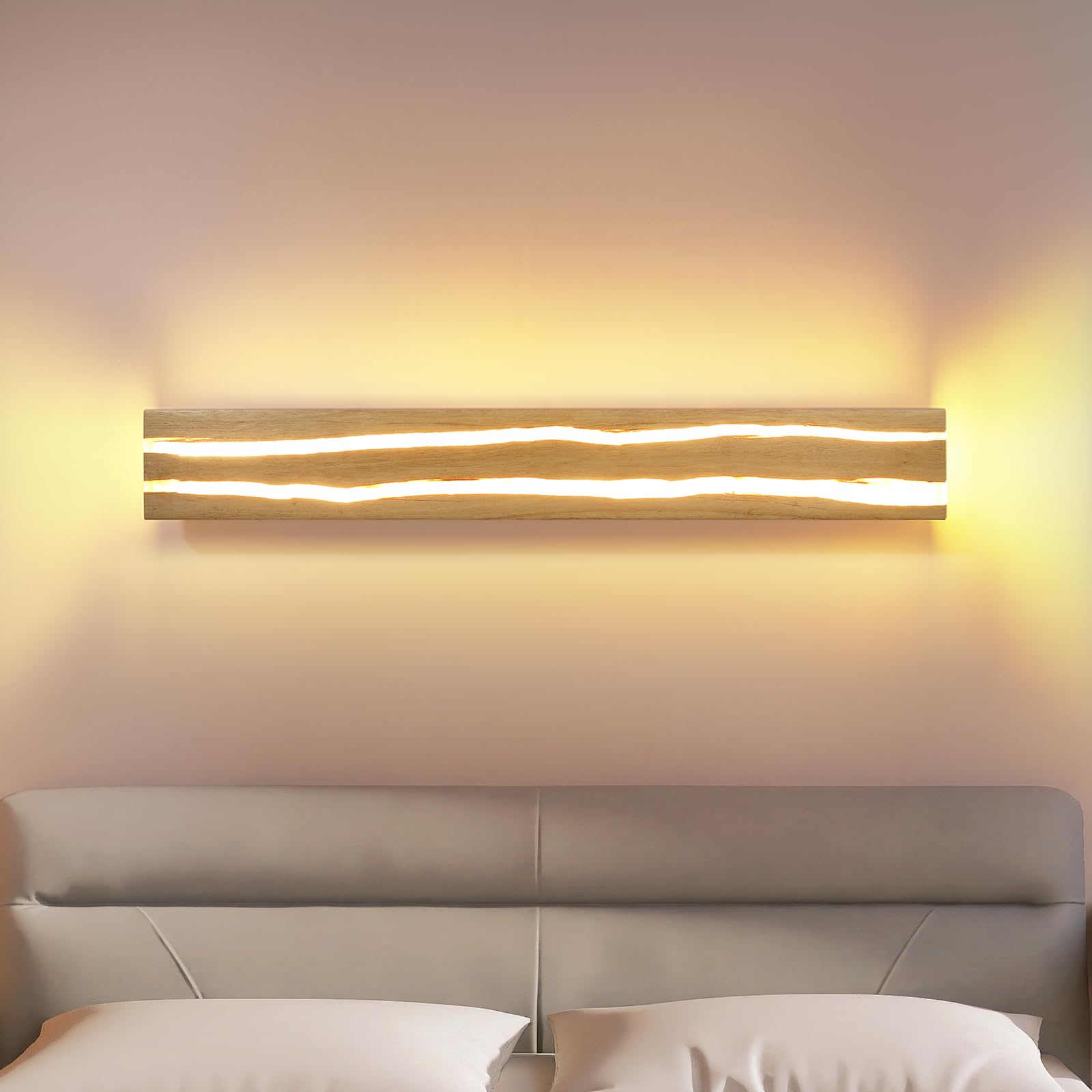 ZMH LED wandlamp binnen: 52CM hout moderne hal lamp op en neer ontwerp 17W traplamp indirect 3000K warm witte wandverlichting voor woonkamer