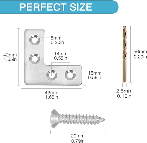 Miniatura 2 de 8 soportes de marco de metal plano en forma de L de 1.65 x 1.65 pulgadas, soporte de esquina de ángulo recto de 90 grados, placa de reparación de