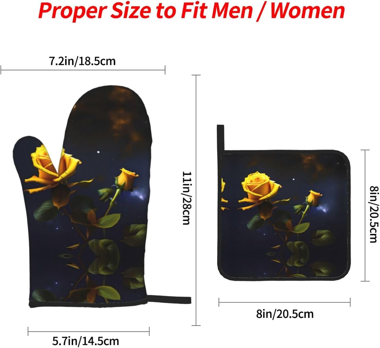 Yellow Roses Starry Night Oven gloves and heat-resistant mat 4-piece set. Suitable for grilling, microwave oven frying, and baking