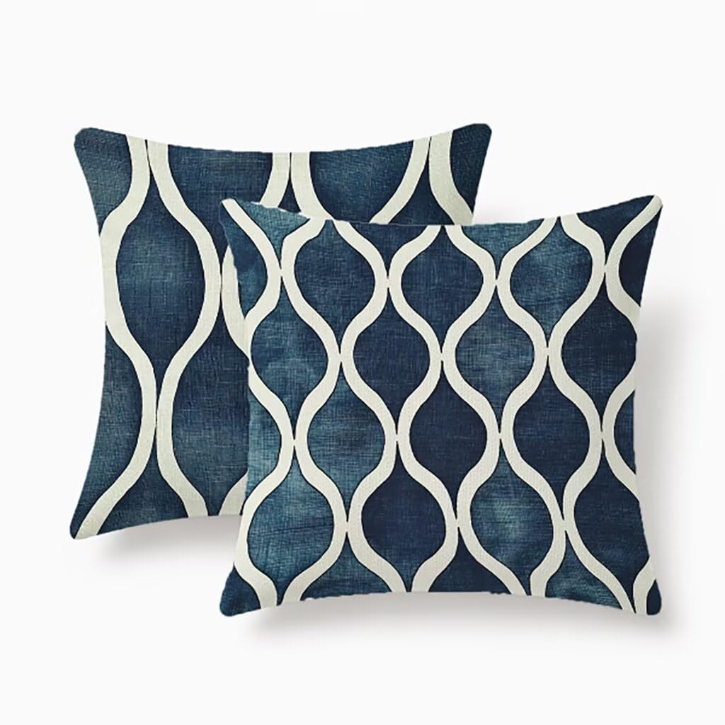 Housses de coussin en lin imperméable 60x60 cm bleu à géométrie moderne avec zip chic