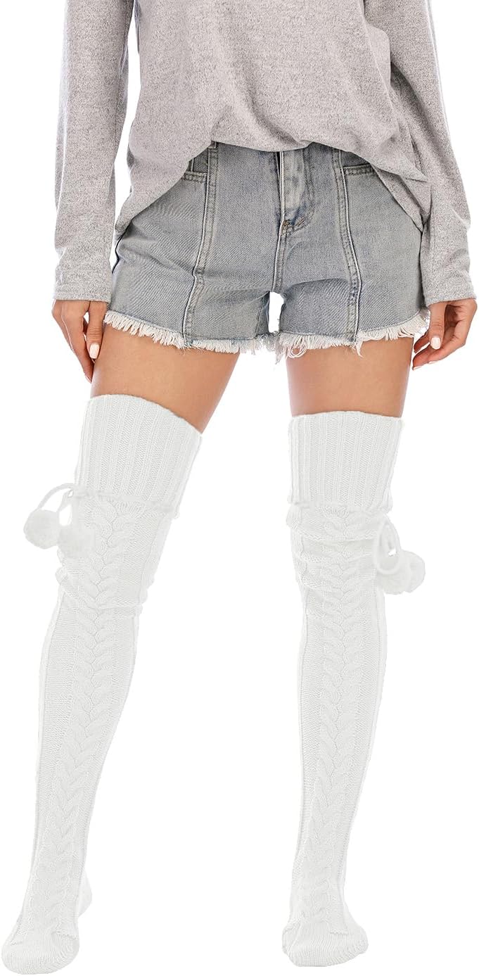HYTENSUN Women’s Cable Knit Thigh High Socks - Over the Knee Winter Leg Warmers with Pom Pom Tie, Cozy Long Boot Stockings - Image 3