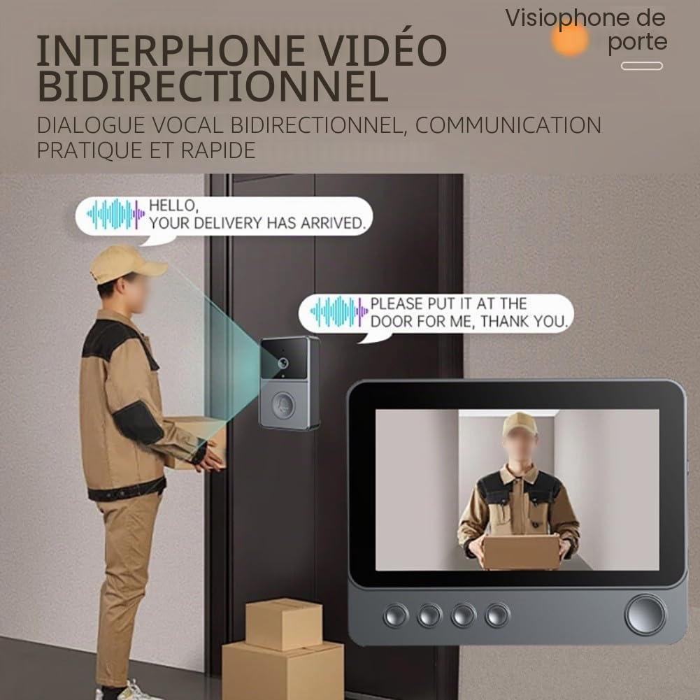 Sonnette vidéo sans fil avec écran IPS de 4,3 pouces et caméra HD grand angle de 170 °, interphone audio bidirectionnel pour la surveillance de la sécurité à domicile, sonnette extérieure étanche IP65