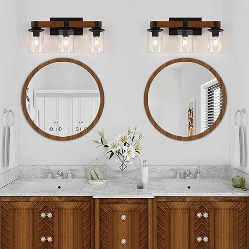 Miniatura 7 de Lámpara de tocador de madera, lámparas de baño de granja sobre el espejo, 3 luces rústicas con pantalla de vidrio transparente, aplique de pared