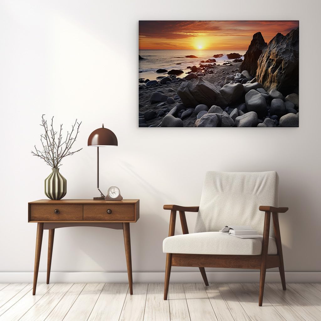 Canvas for Living room. Sunset Serenity on a Rocky Shore: When Nature Paints with Light, 27 x 18 inch Canvas Wall Art - Beach Sunsets And Sunrises - Modern Home Decor - 69x46 cm (27x18 inch)