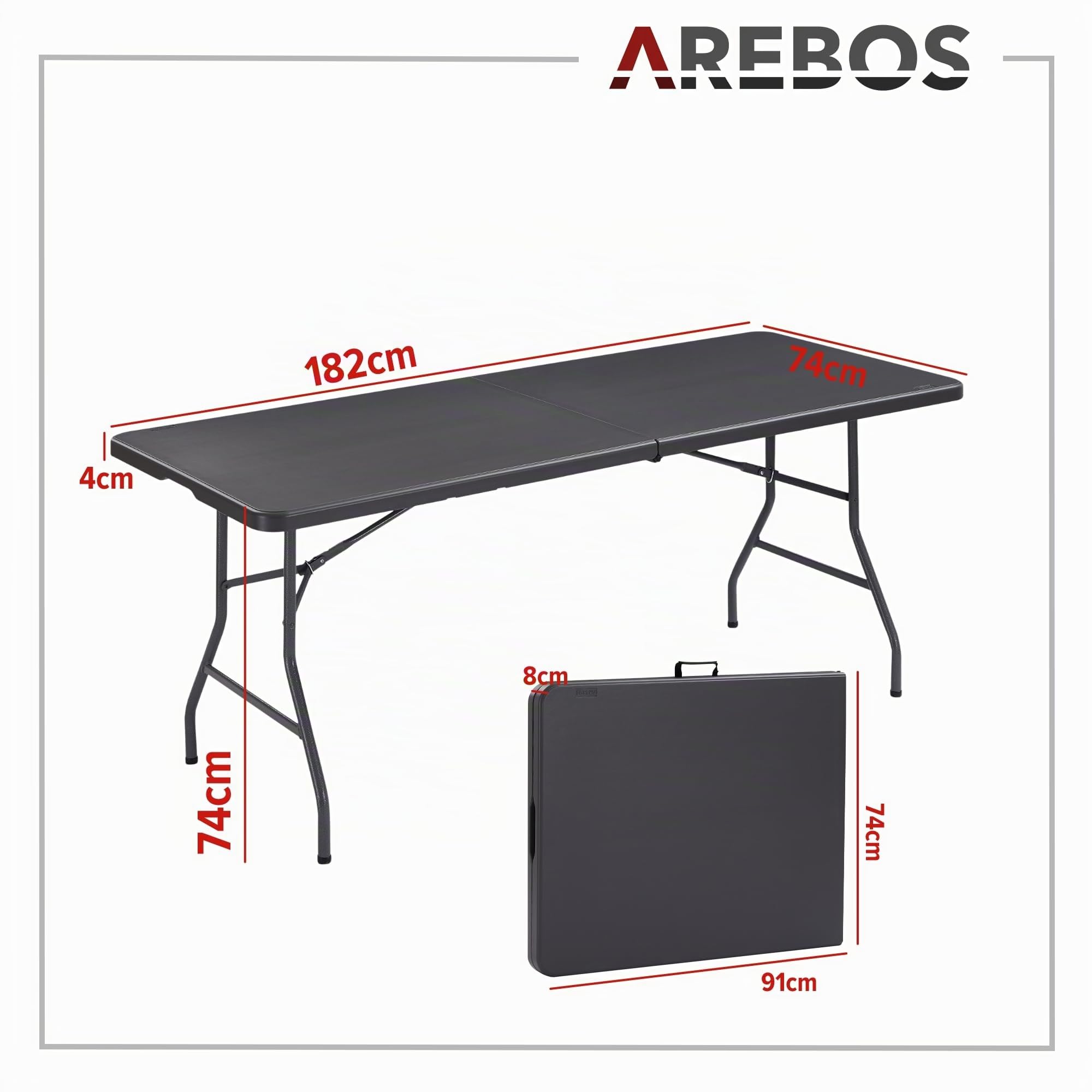AREBOS Tavolo Pieghevole da Giardino Bianco perfetto come Tavolo da Campeggio, da Buffet, da Cucina | Tavolino Esterni Richiudibile a Valigetta con Maniglia | 182 cm | Antracite