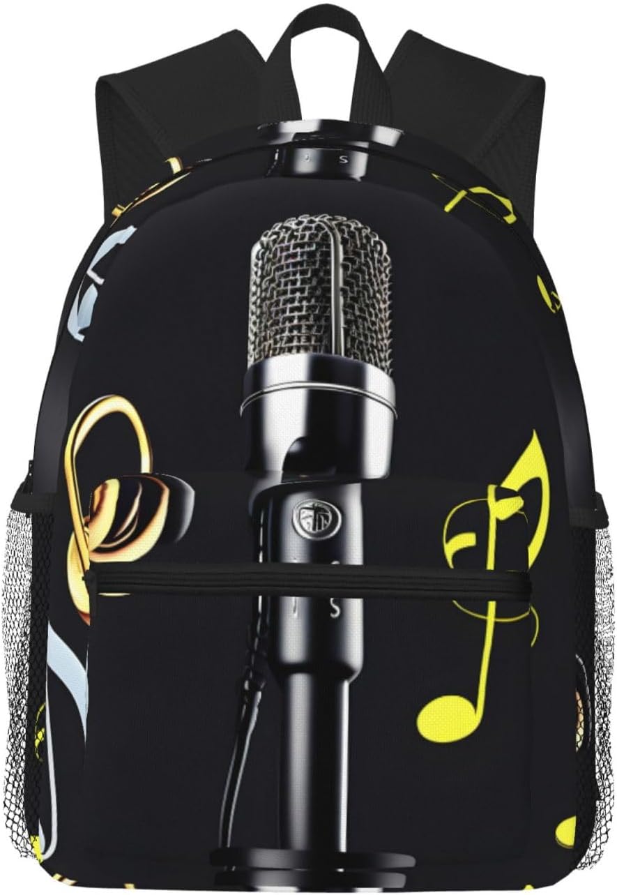 Microphone with Music Notes College Backpacks,Backpacks With Pockets, Lightweight Bookbag For College for Women Men