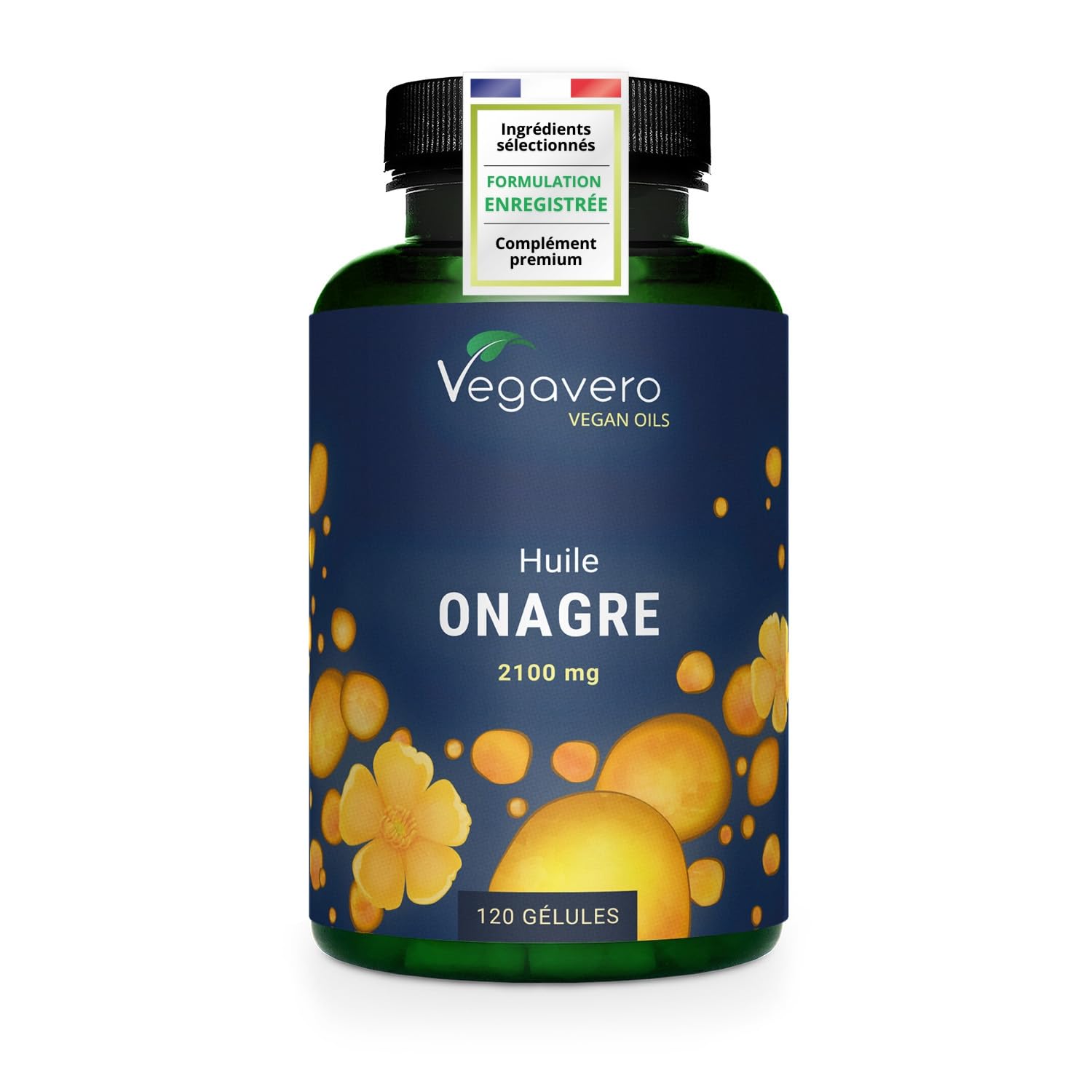 Huile Onagre 2100 mg | UNIQUE: Le Seul Vegan | Omega 6: 11% GLA | Pressé à Froid | 100% Naturel | Peau + Équilibre Hormonal | 120 Gélules | Vegavero®