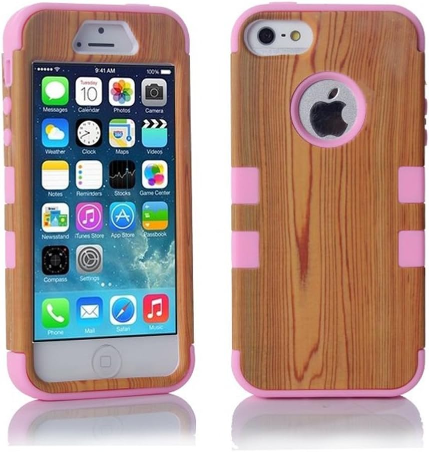 iPhone 5S Case, LERBO Hard Wood With Silicone Design Hybrid case for iphone5 5S(Pink)