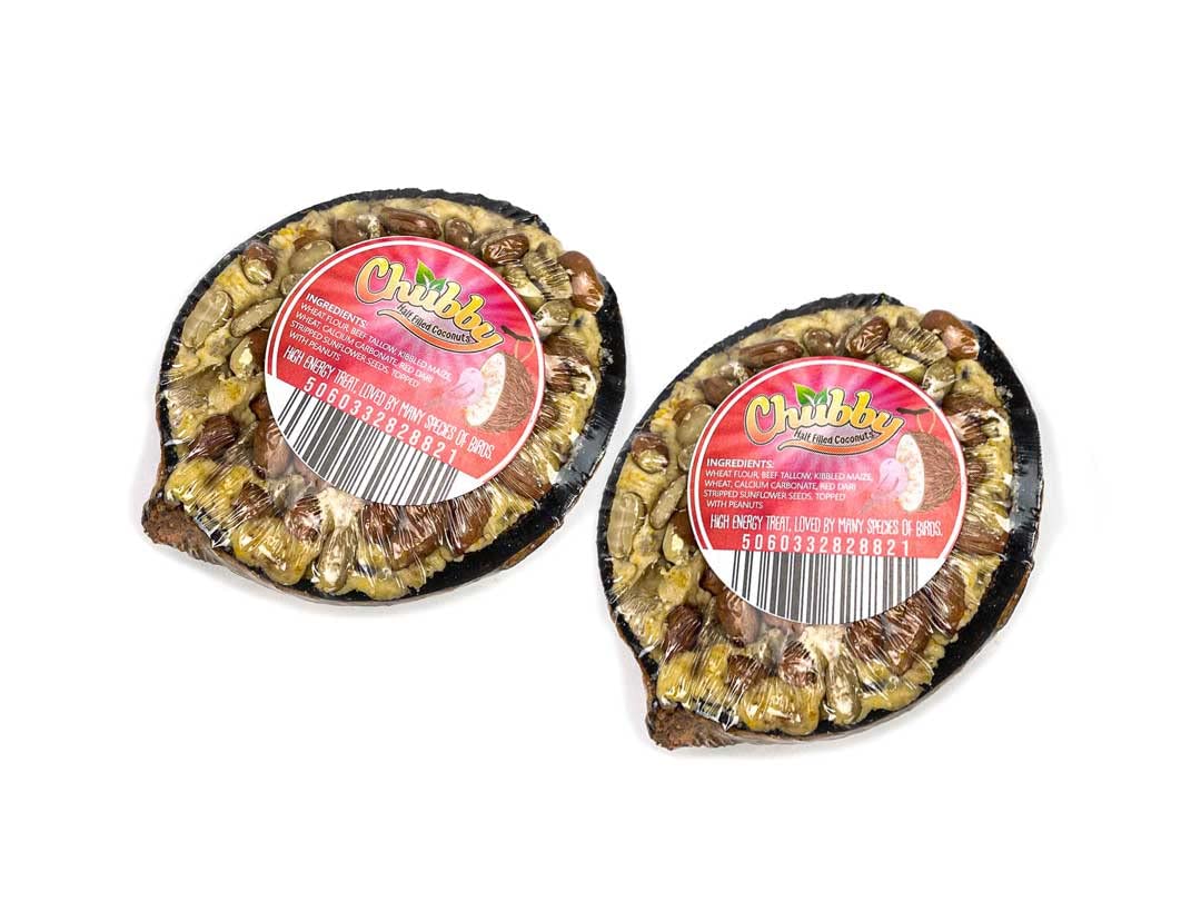 Chubby Suet Half Filled Coconuts Topped with Peanuts, Bird Feeder Coconut Halves for Wild Birds, Coconut Shell Suet Birds Food, Suet for Blackbirds, Woodpeckers, Starlings & Sparrows (2 Pack)