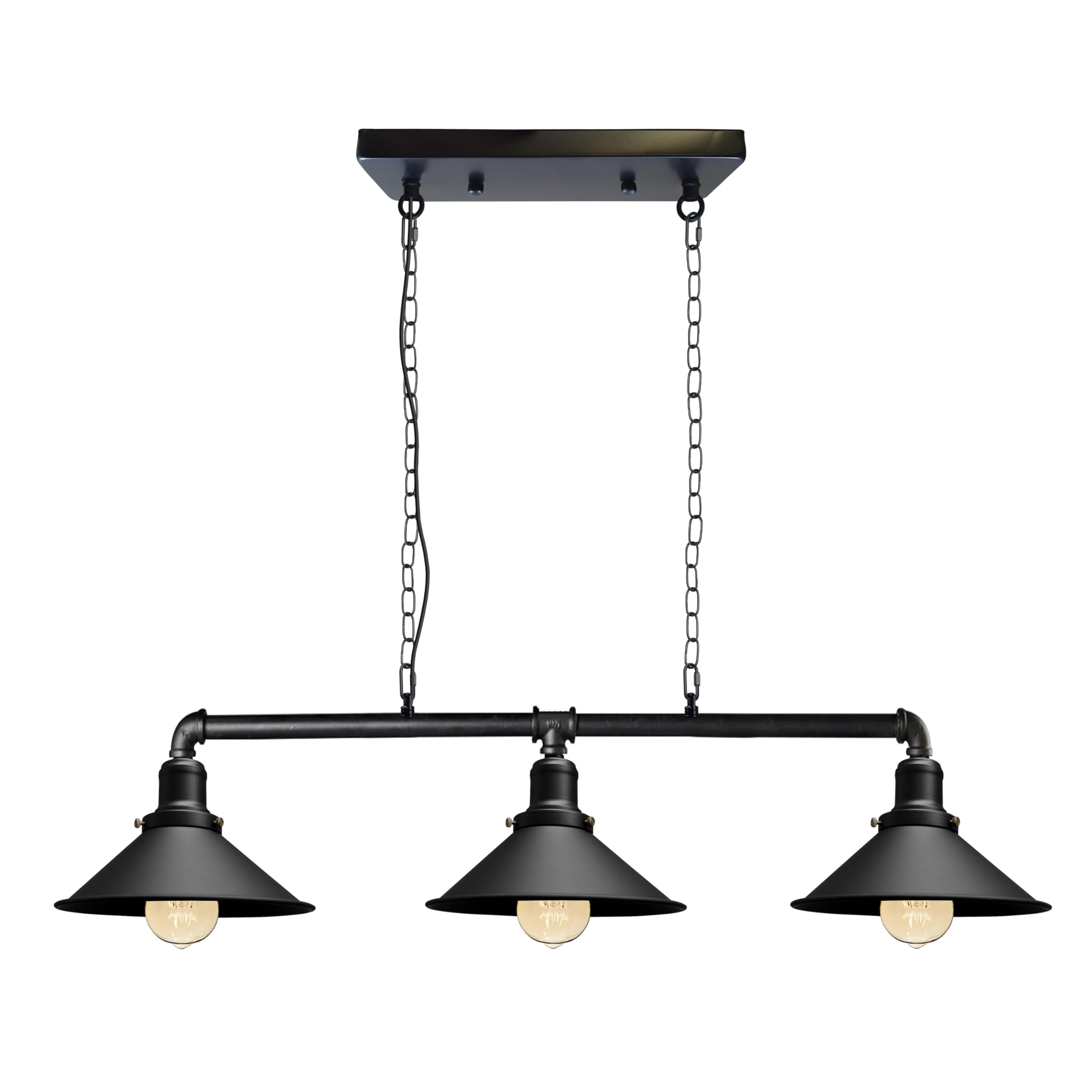 LEDSone Industrial 3 Way Pipe Pendant Lamp E27 Lamp Holder 22cm Black Cone Shade Ceiling Light Fixture with 95cm Adjustable Hanging Chandelier for Dining Room, Kitchen Island, Bar